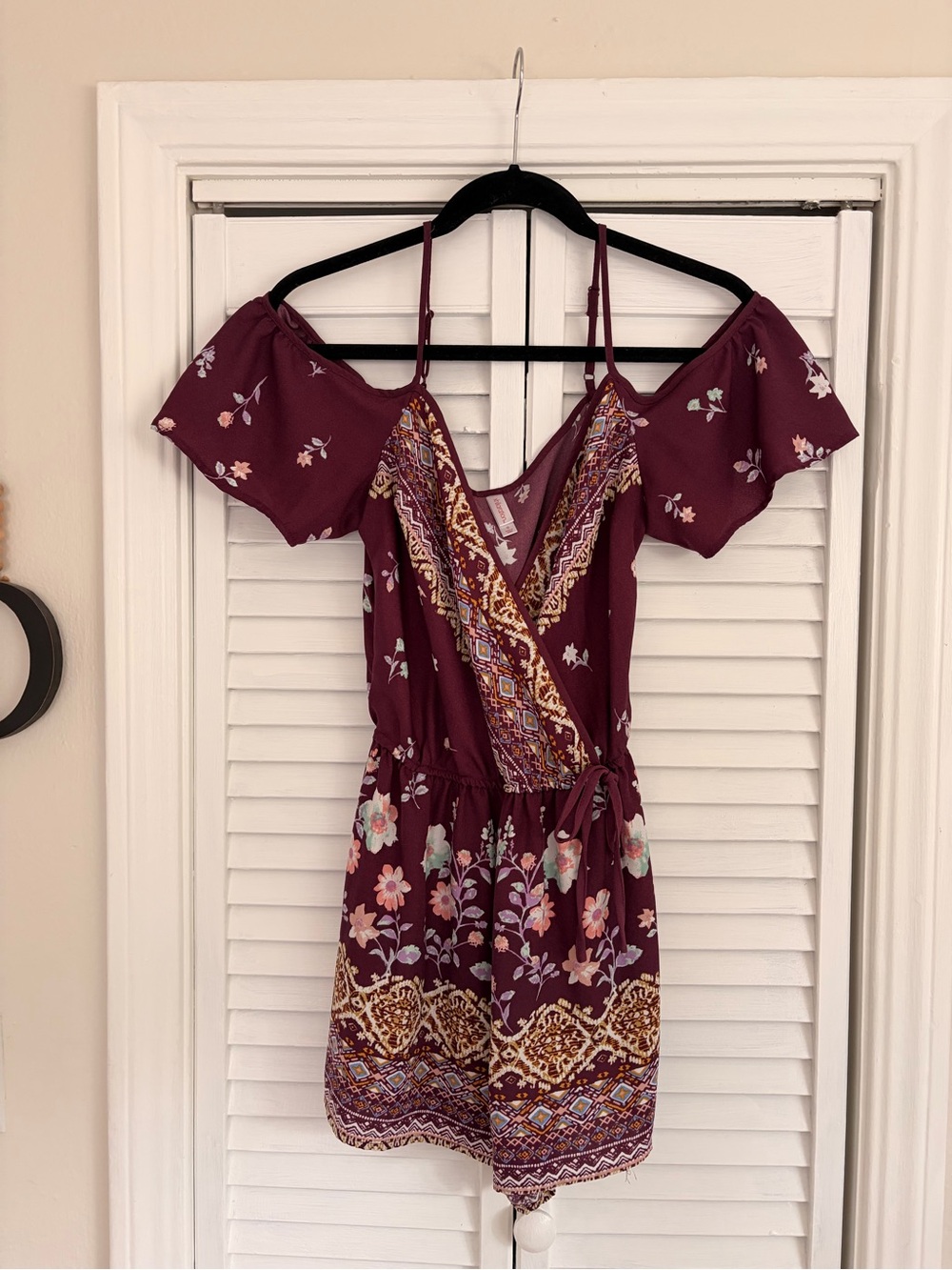 Xhilaration Burgundy Floral Cold-Shoulder Mini Dress